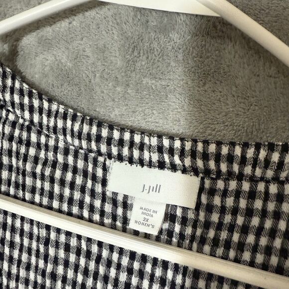 J Jill Top 2X Black White Checks V Neck 3/4 Sleeves Plus Tunic Cottagecore - Picture 3 of 9